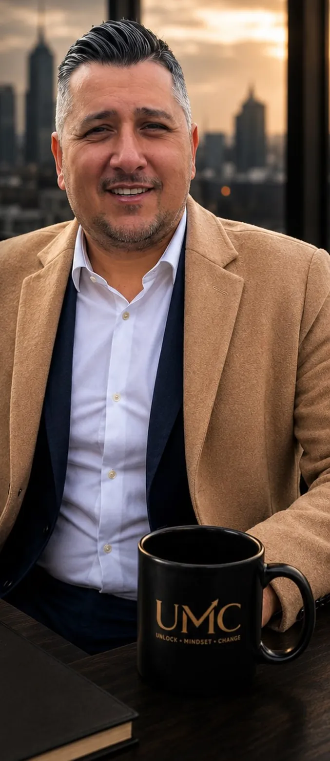 Ugur Cebeci am Schreibtisch mit UMC-Tasse